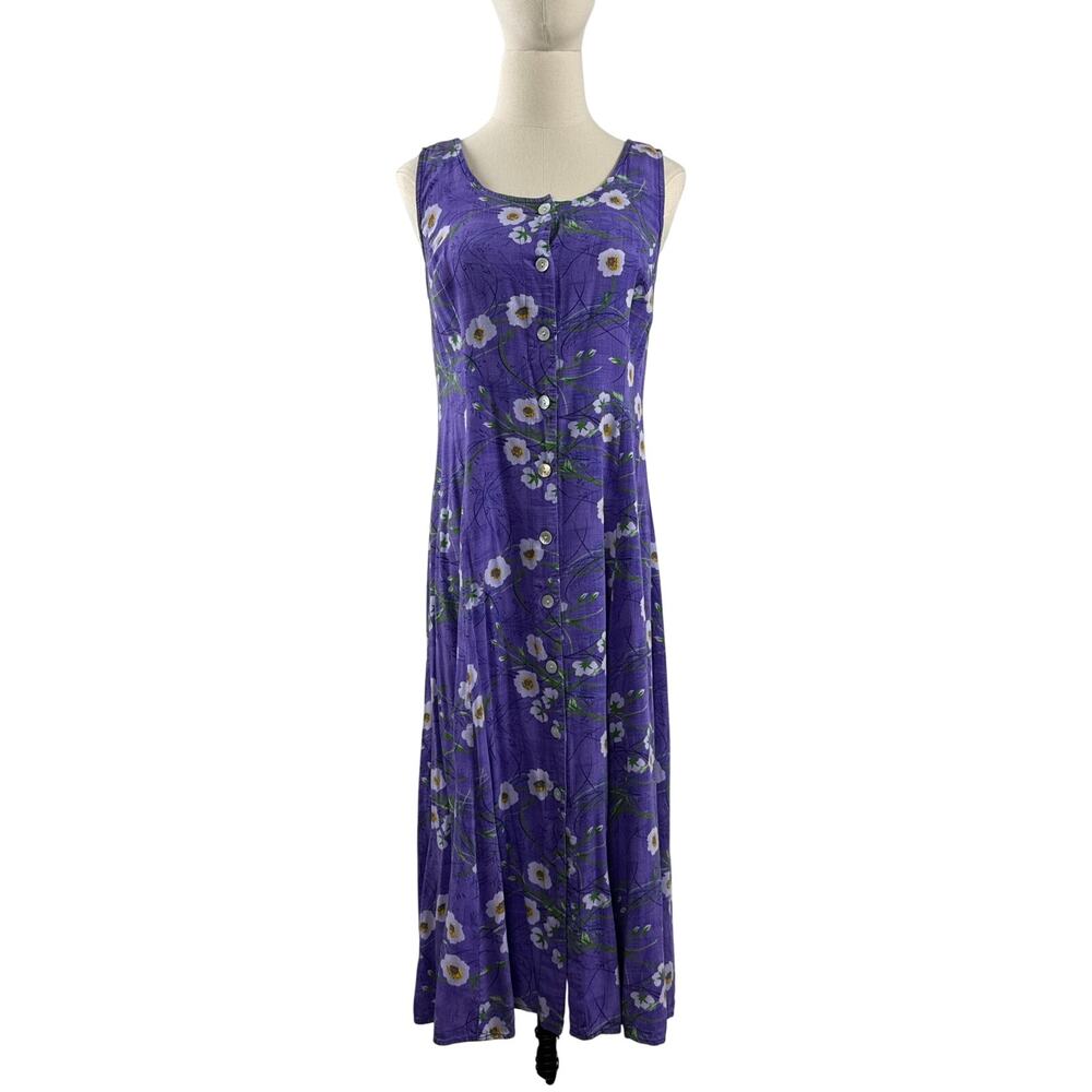 Vintage 90s BFA Classics Purple Rayon Button Front Midi Dress Women's Small